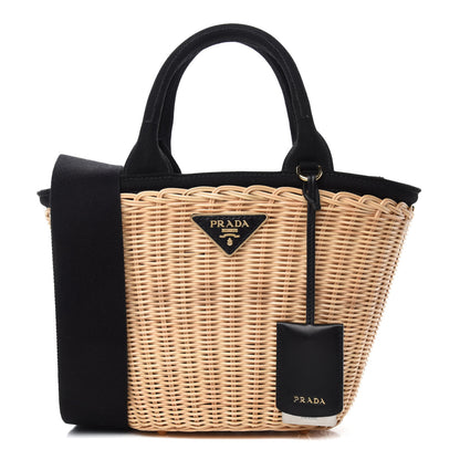 Prada Wicker Canvas Shoulder Bag Naturale Black 1 of 16