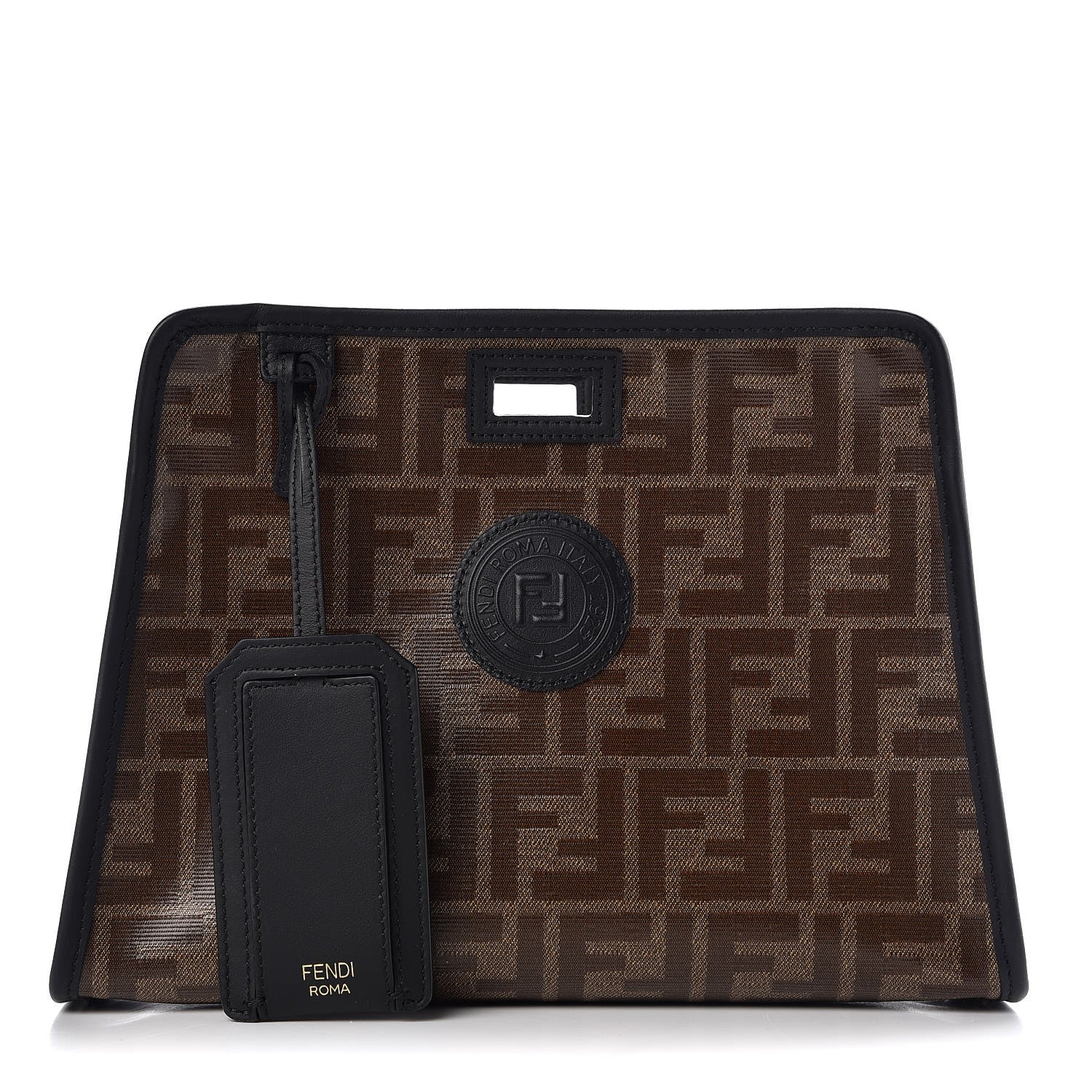 Fendi Glazed Fabric Vitello Century FF 1974 Stamp Patch Mini Peekaboo Defender Cover Mogano Panna Black 1 of 10