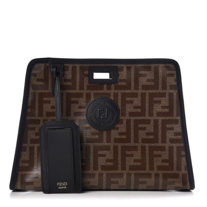 Fendi Glazed Fabric Vitello Century FF 1974 Stamp Patch Mini Peekaboo Defender Cover Mogano Panna Black 1 of 10