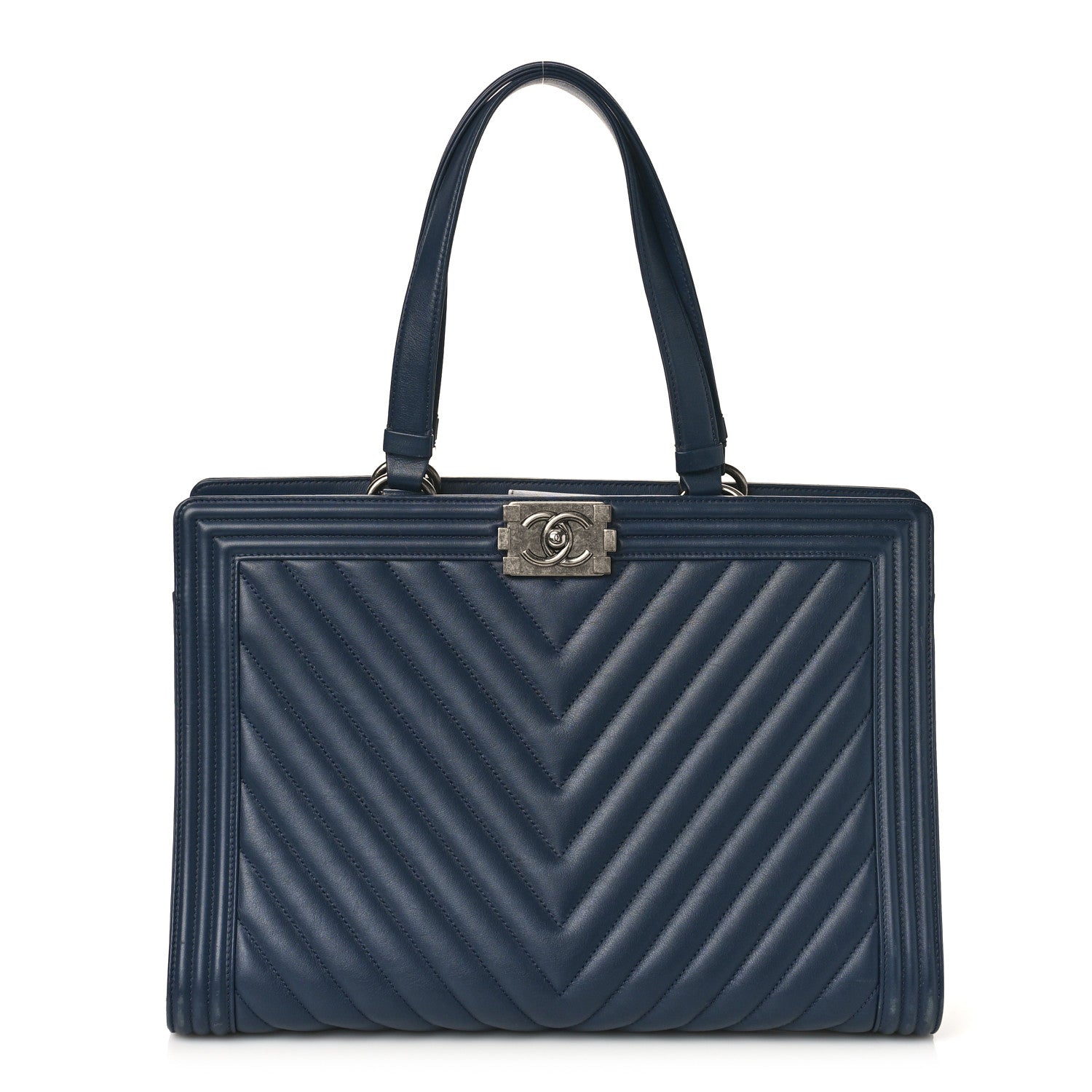 Chanel Calfskin Chevron Boy Shopping Tote Navy Blue 1 of 9