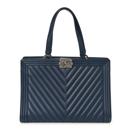 Chanel Calfskin Chevron Boy Shopping Tote Navy Blue 1 of 9
