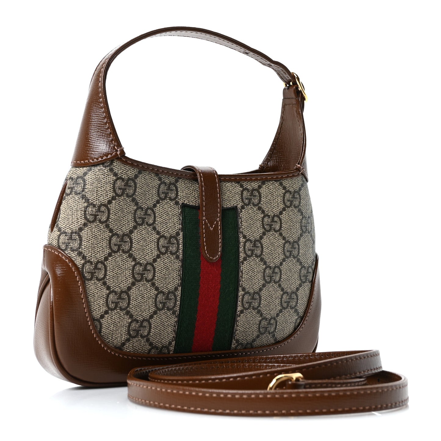 GG Supreme Monogram Azalea Calfskin Web Mini Jackie 1961 Hobo Beige Ebony Brown Sugar