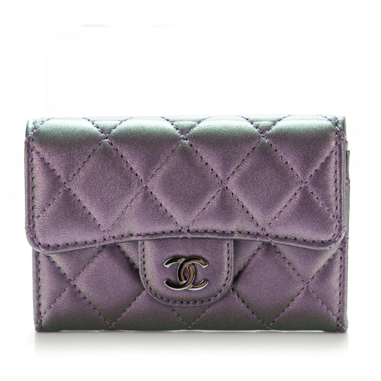 Metallic Lambskin Quilted Card Holder Dark Purple