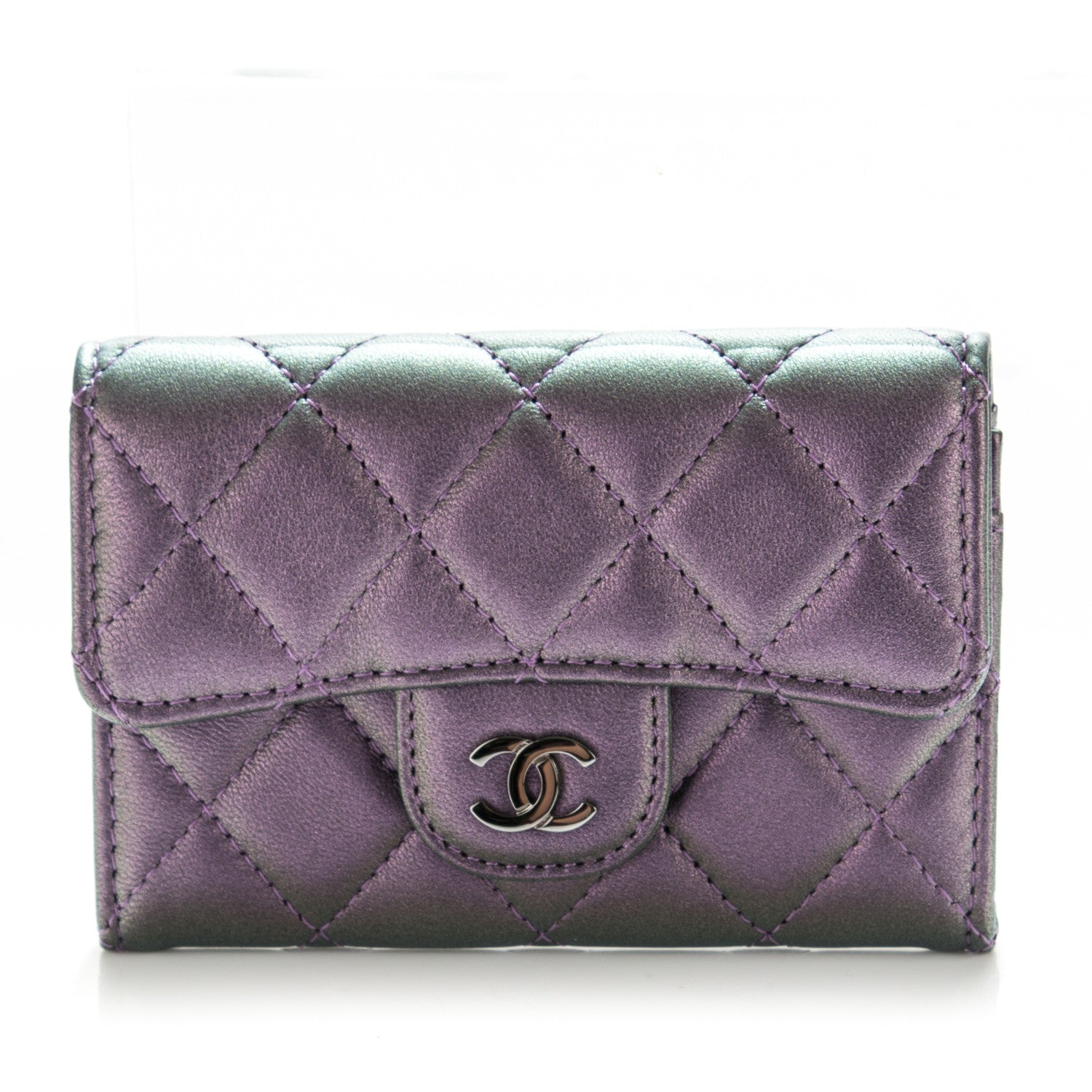 Chanel Metallic Lambskin Quilted Card Holder Dark Purple 1 of 8