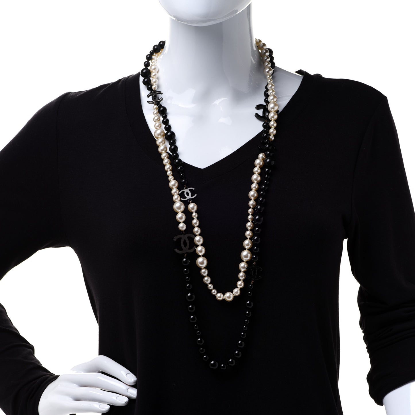 Pearl Bead CC Long Double Strand Necklace Black White