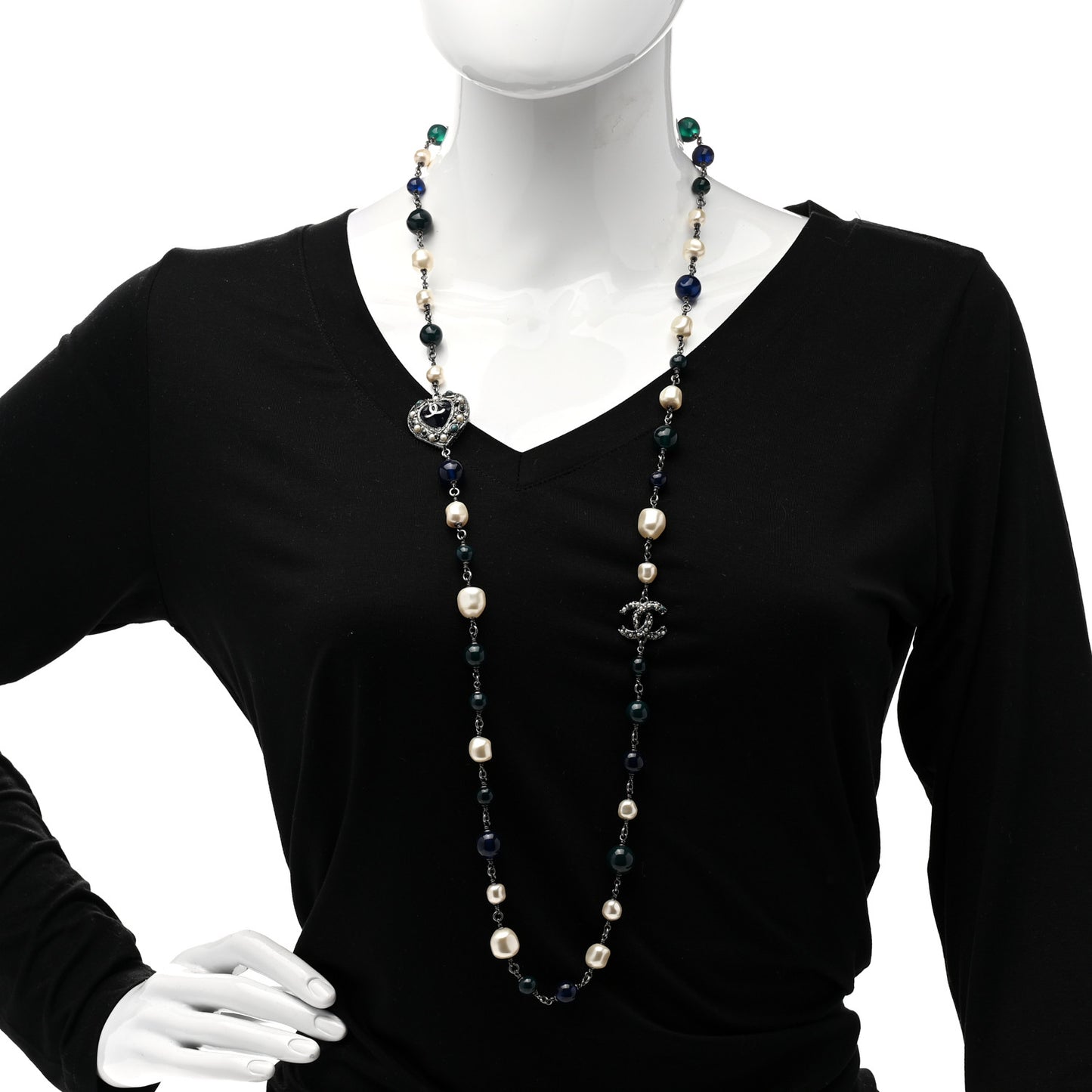 Pearl Resin Beaded CC Heart Long Necklace Ruthenium Multicolor