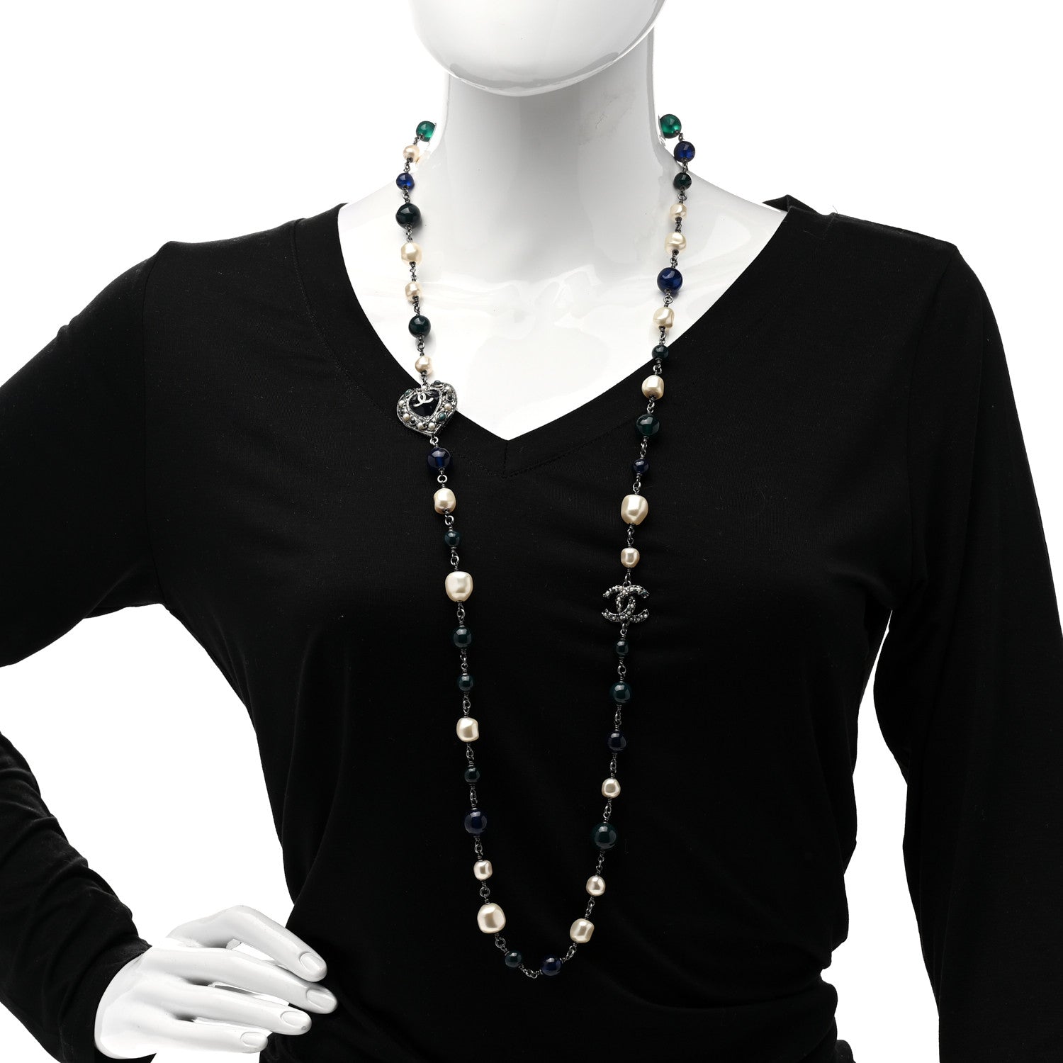 Chanel Pearl Resin Beaded CC Heart Long Necklace Ruthenium Multicolor 2 of 6