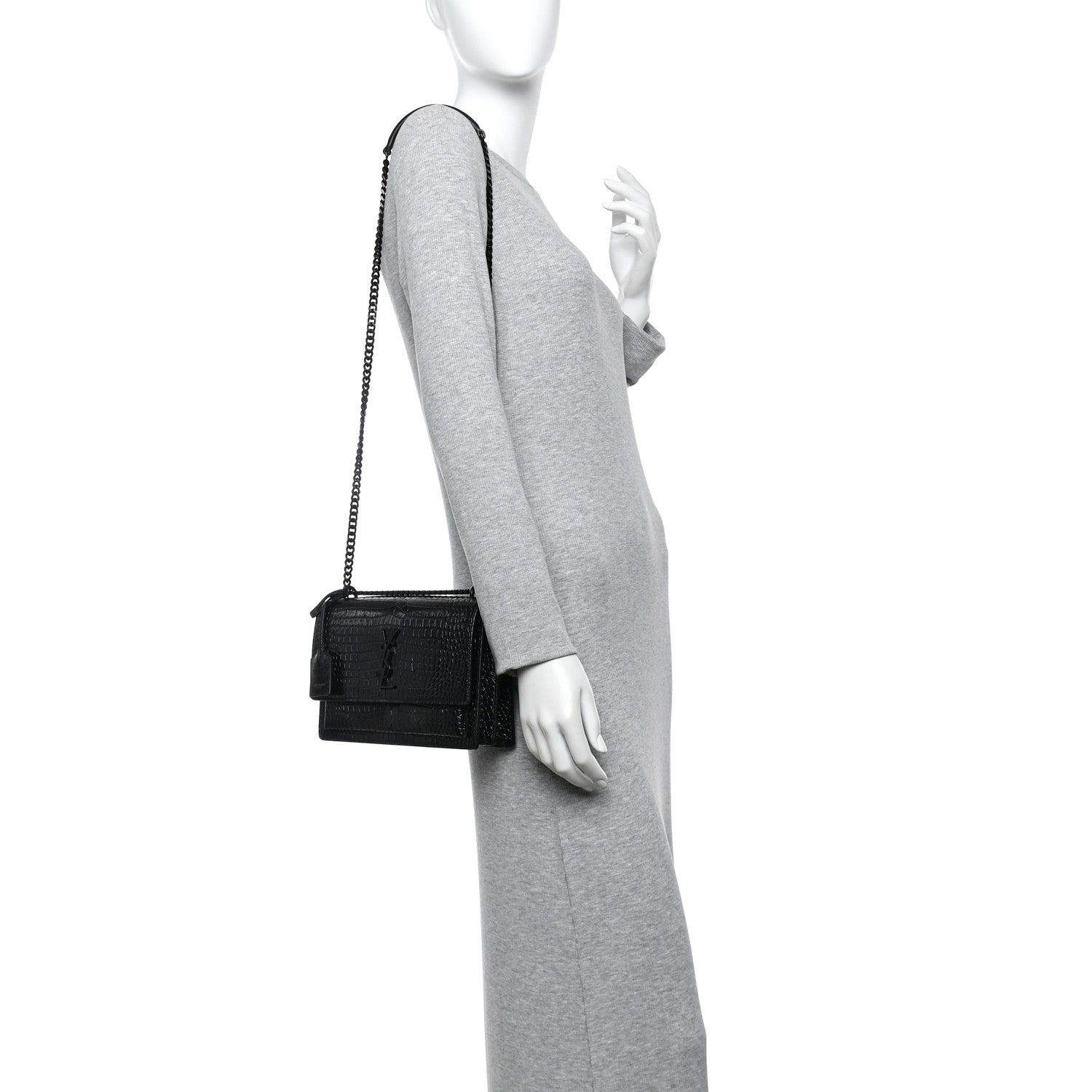 Saint Laurent Calfskin Crocodile Embossed Medium Monochrome Monogram Sunset Black 2 of 12