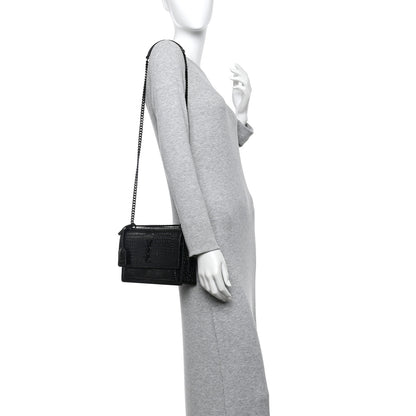 Saint Laurent Calfskin Crocodile Embossed Medium Monochrome Monogram Sunset Black 2 of 12