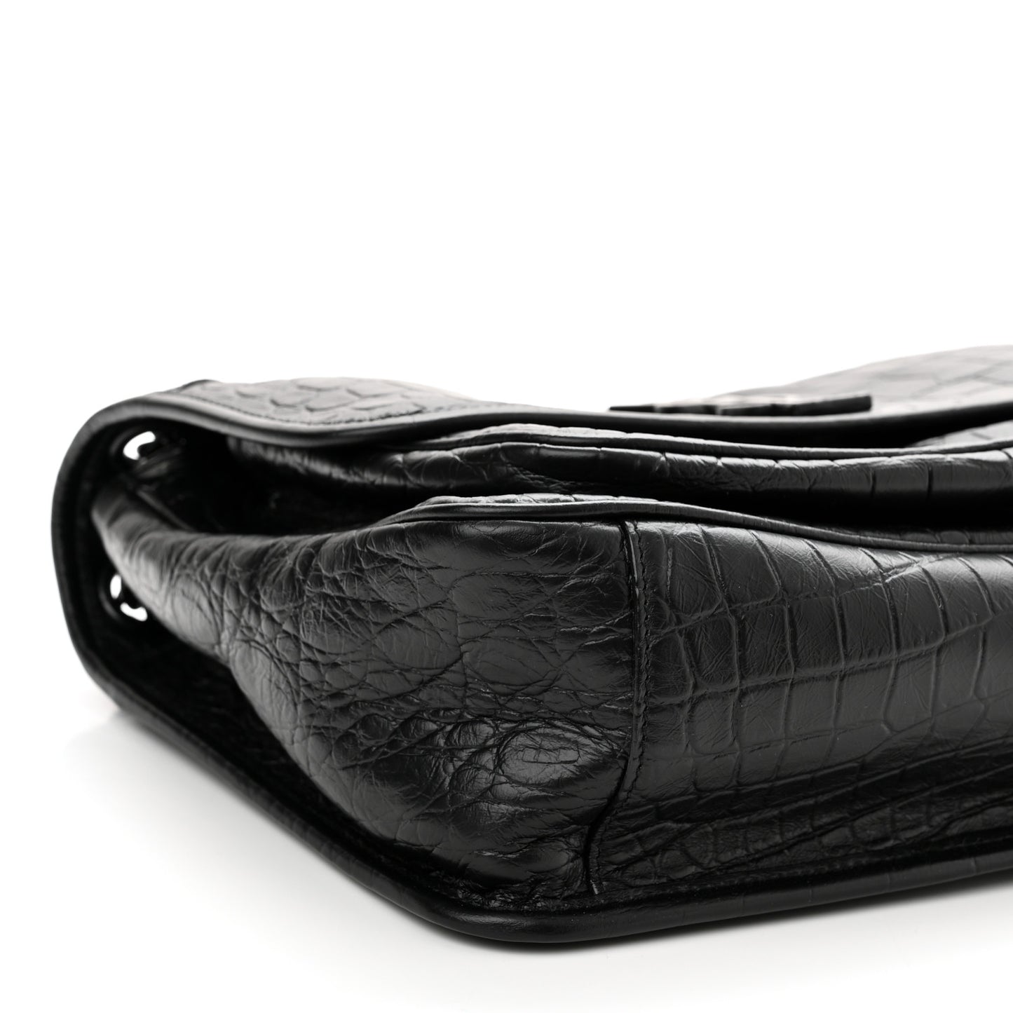 Crinkled Calfskin Crocodile Embossed Monogram Medium Niki Chain Satchel Black