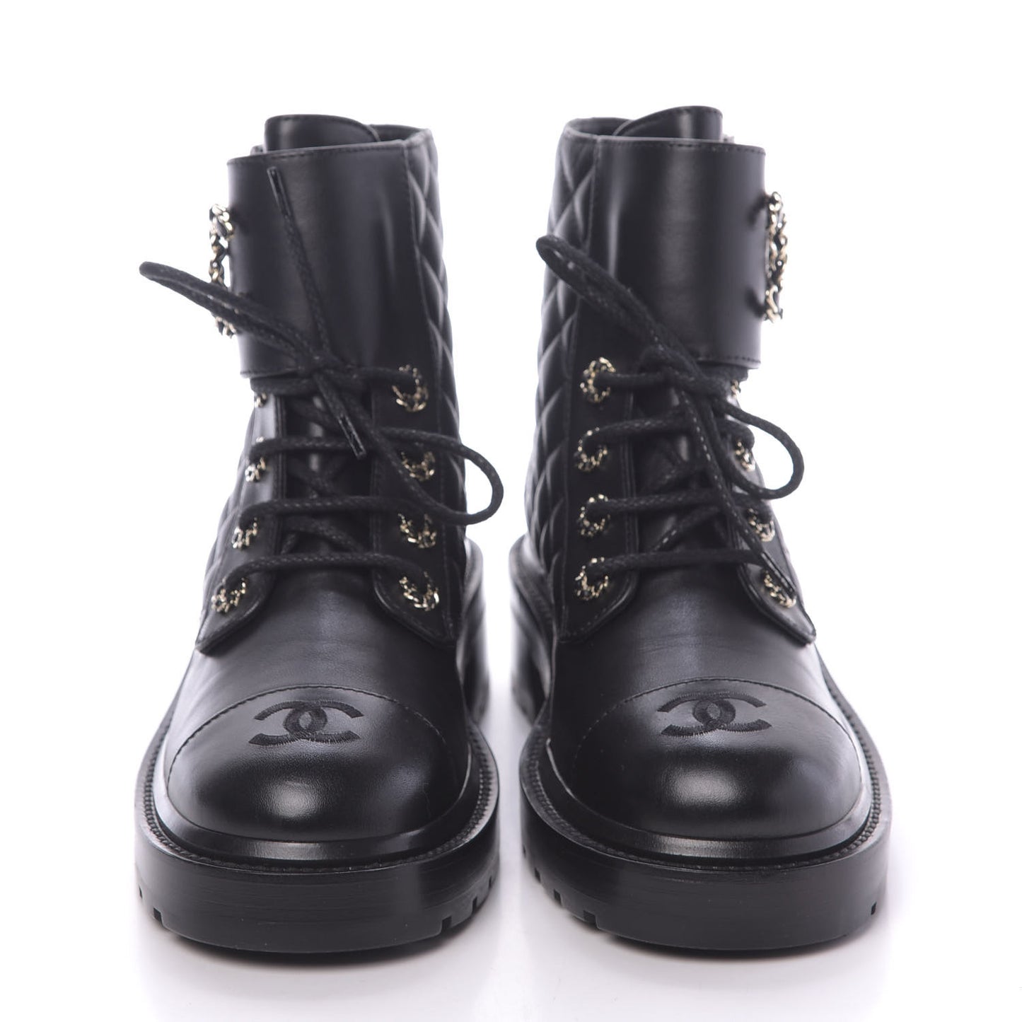 Shiny Lambskin Quilted Lace Up Combat Boots 37.5 Black