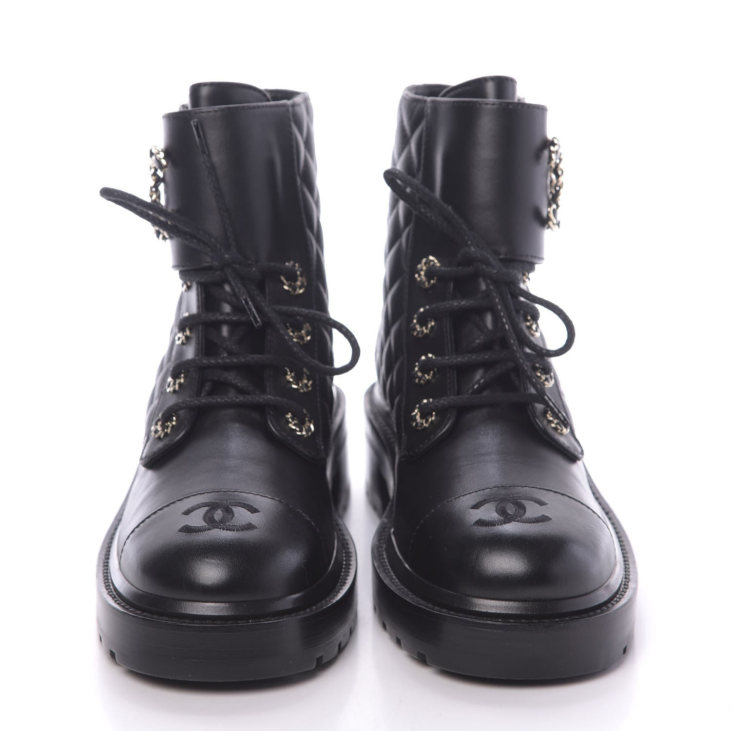 Chanel Shiny Lambskin Quilted Lace Up Combat Boots 37.5 Black 2 of 8