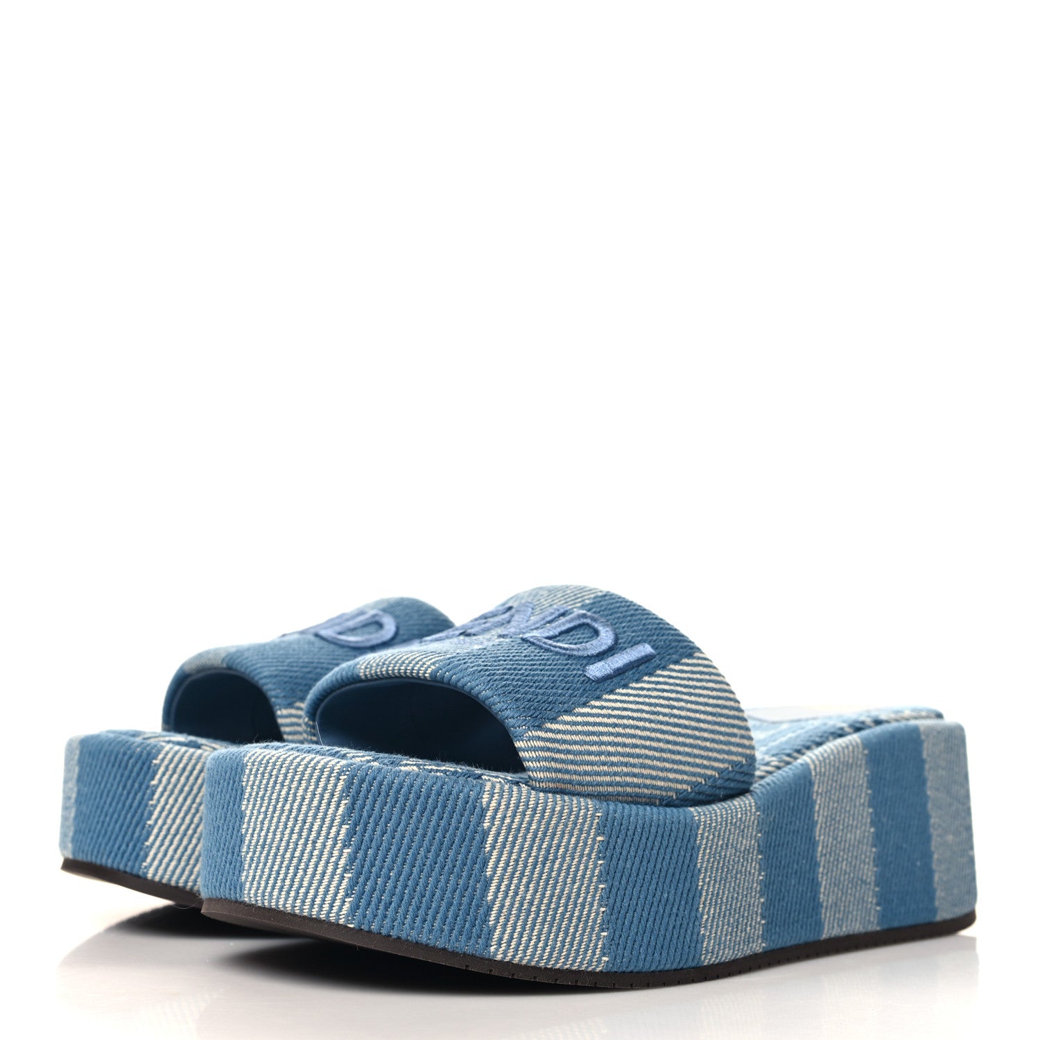 Fendi Denim Jacquard Womens FF Sunshine Flatform Slide Sandals 39 Light Blue 4 of 10