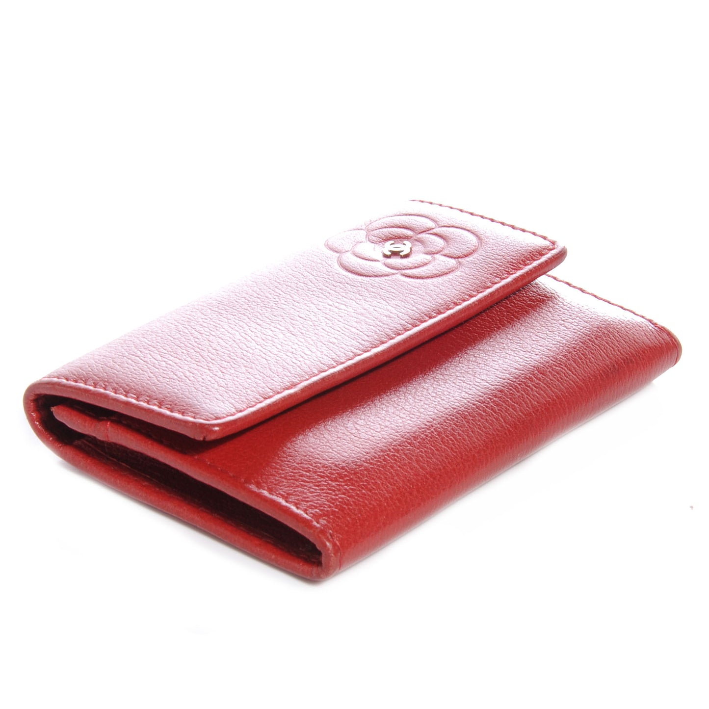 Leather Camellia Card Holder Wallet Red