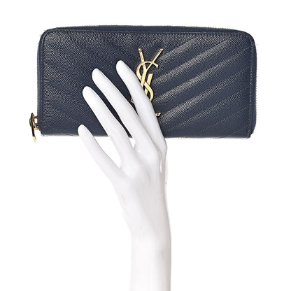 Saint Laurent Grain De Poudre Matelasse Chevron Monogram Zip Around Wallet Navy 2 of 6
