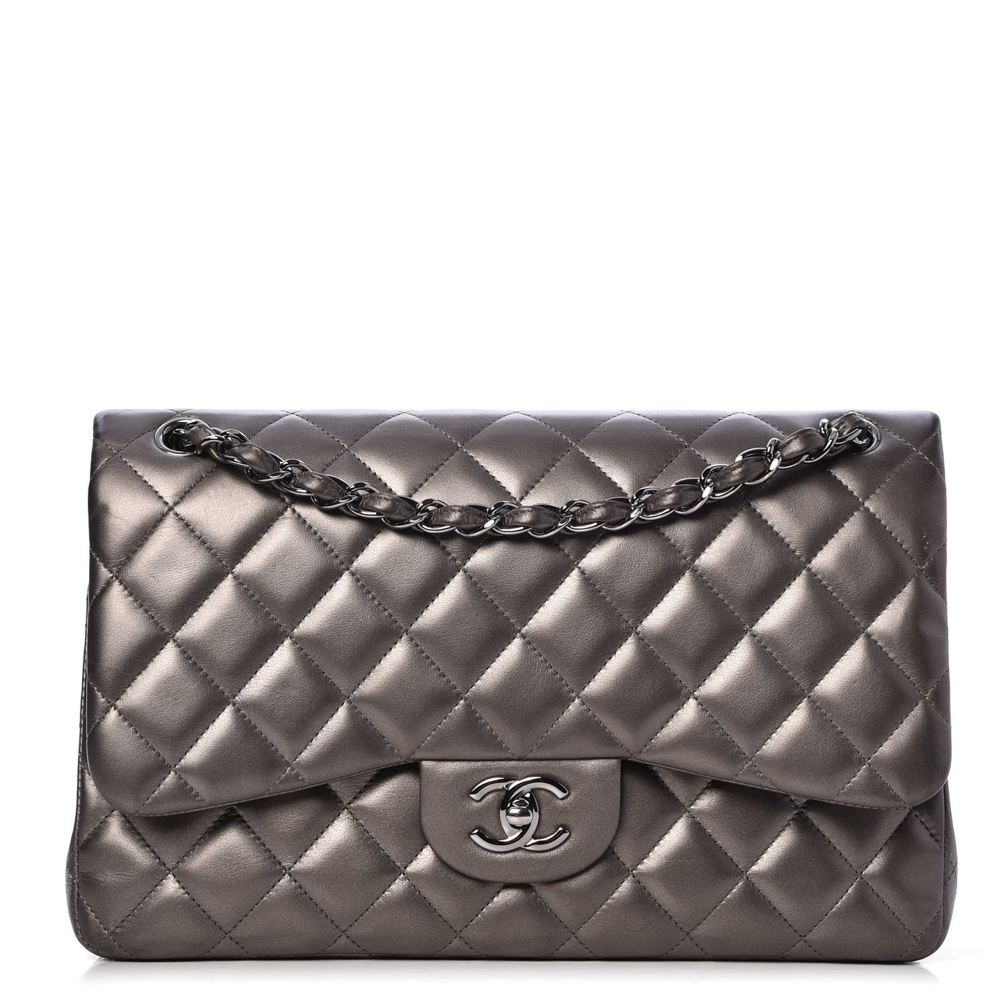 Metallic Lambskin Quilted Jumbo Double Flap Pewter