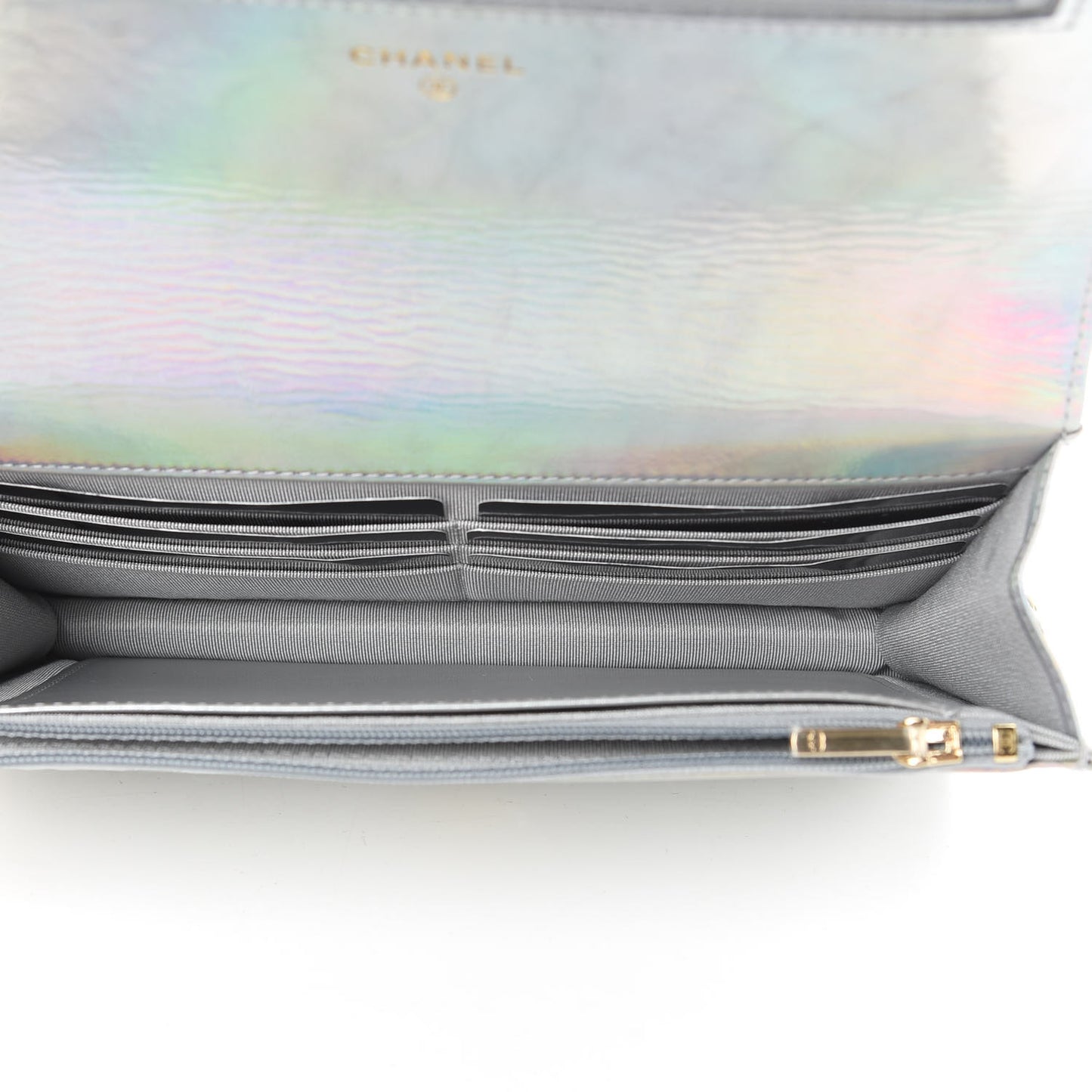 Iridescent Goatskin Quilted Wallet On Chain WOC Silver