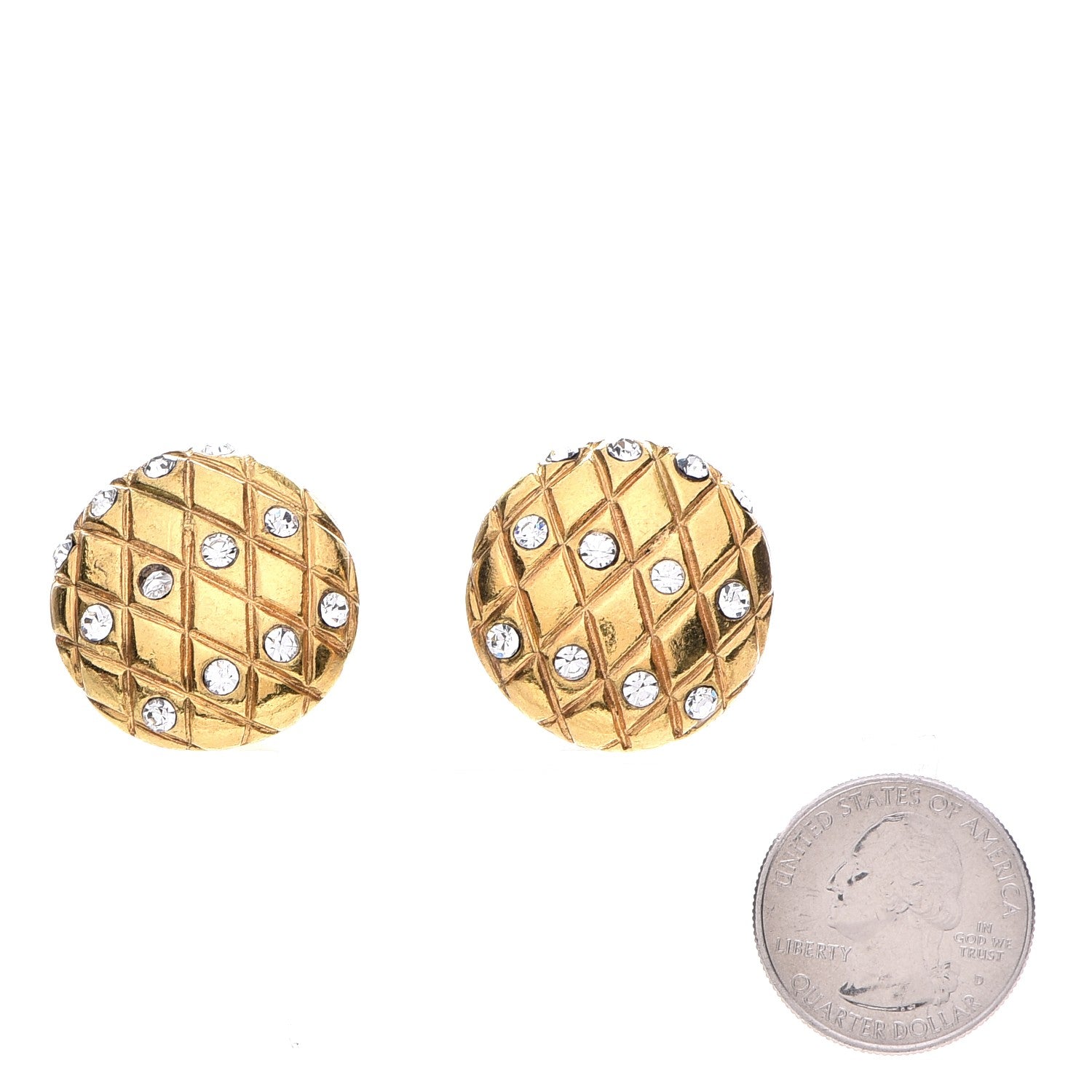 Chanel Crystal Quilted Clip On Earrings Gold 2 of 5