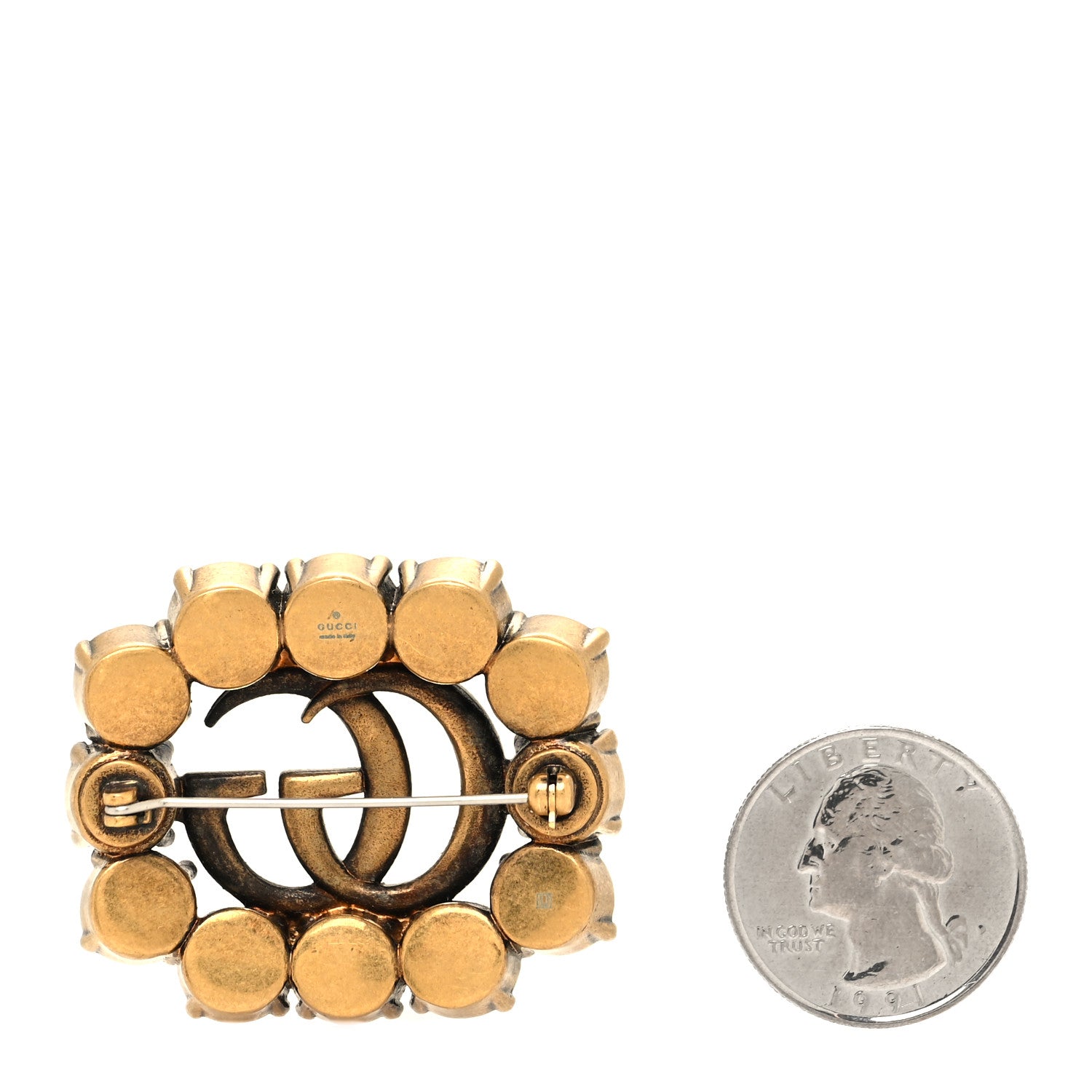 Gucci Metal Crystal Double G Brooch Aged Gold 2 of 3