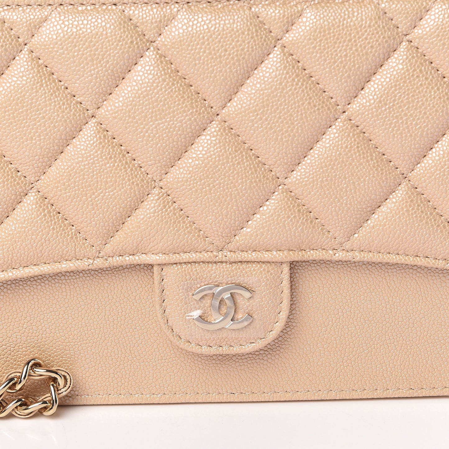 Iridescent Caviar Quilted Classic Pouch With Handle Beige