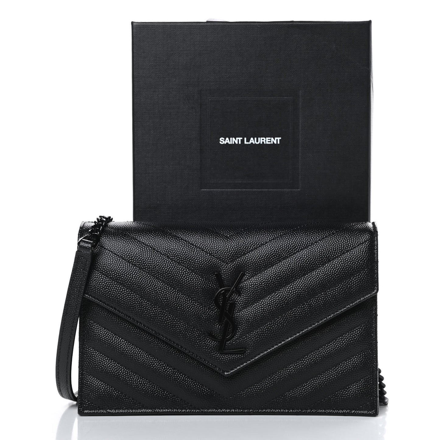 Grain De Poudre Matelasse Chevron Monogram Envelope Chain Wallet Black