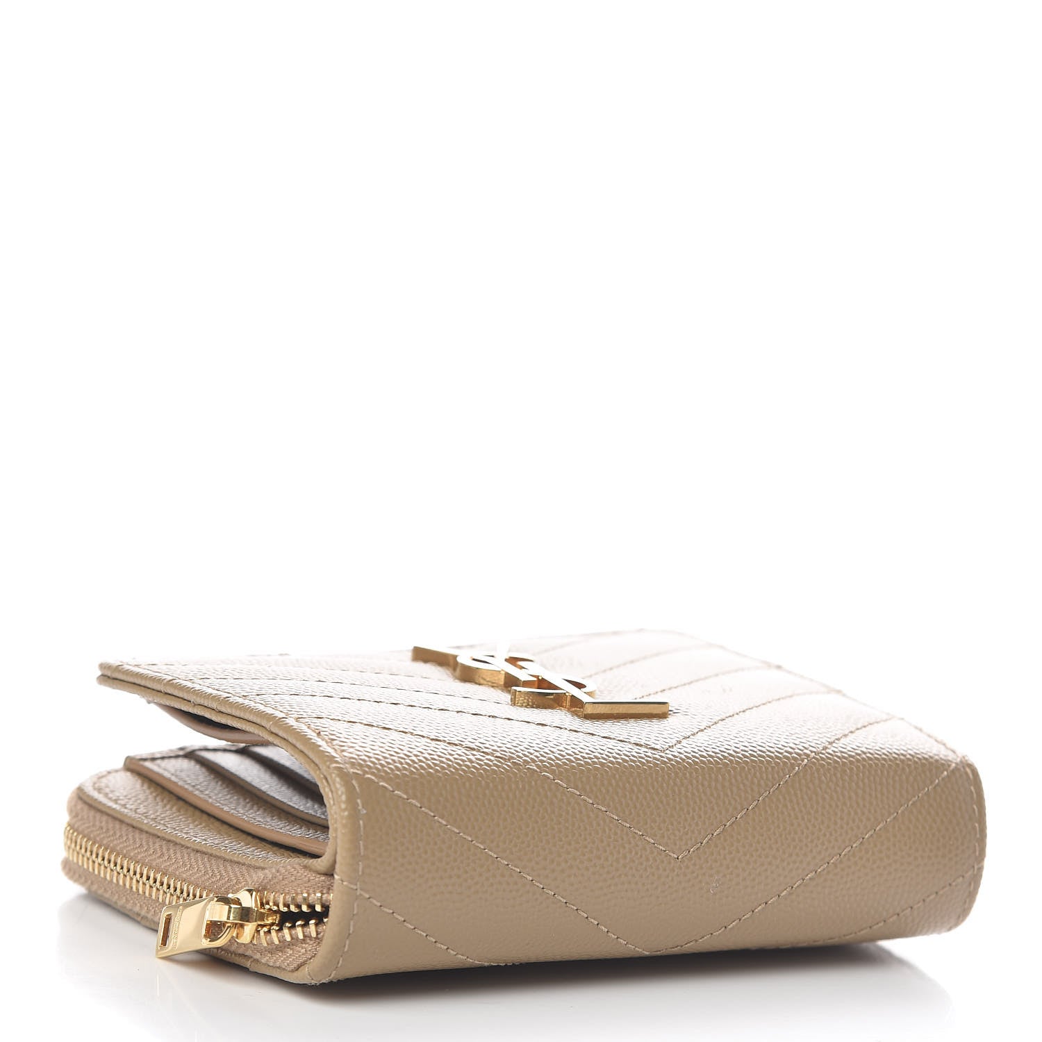 Saint Laurent Grain De Poudre Matelasse Chevron Monogram Compact Zip Around Wallet Dark Latte 4 of 8