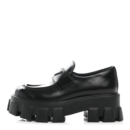 Prada Spazzolato Rois Metal Triangle Logo Monolith 55mm Loafers 37.5 Black 1 of 12