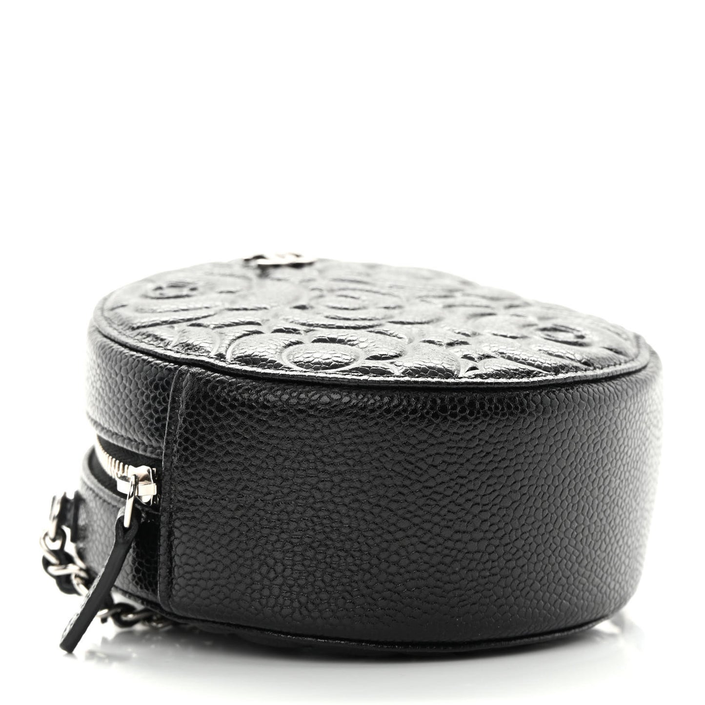 Caviar Camellia Embossed Round Clutch With Chain Black