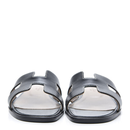 Hermes Box Calfskin Oran Sandals 37.5 Black 2 of 8