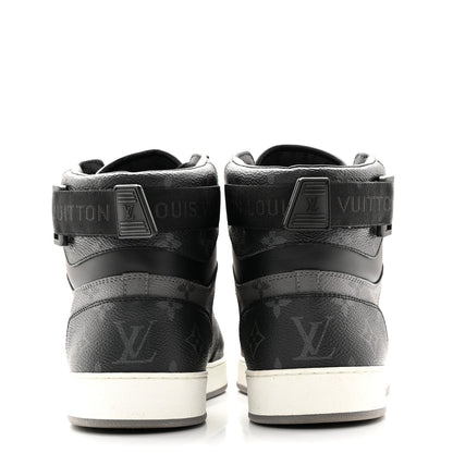 Louis Vuitton Calfskin Monogram Eclipse Mens Rivoli High Top Sneakers 9 Black Grey 5 of 12