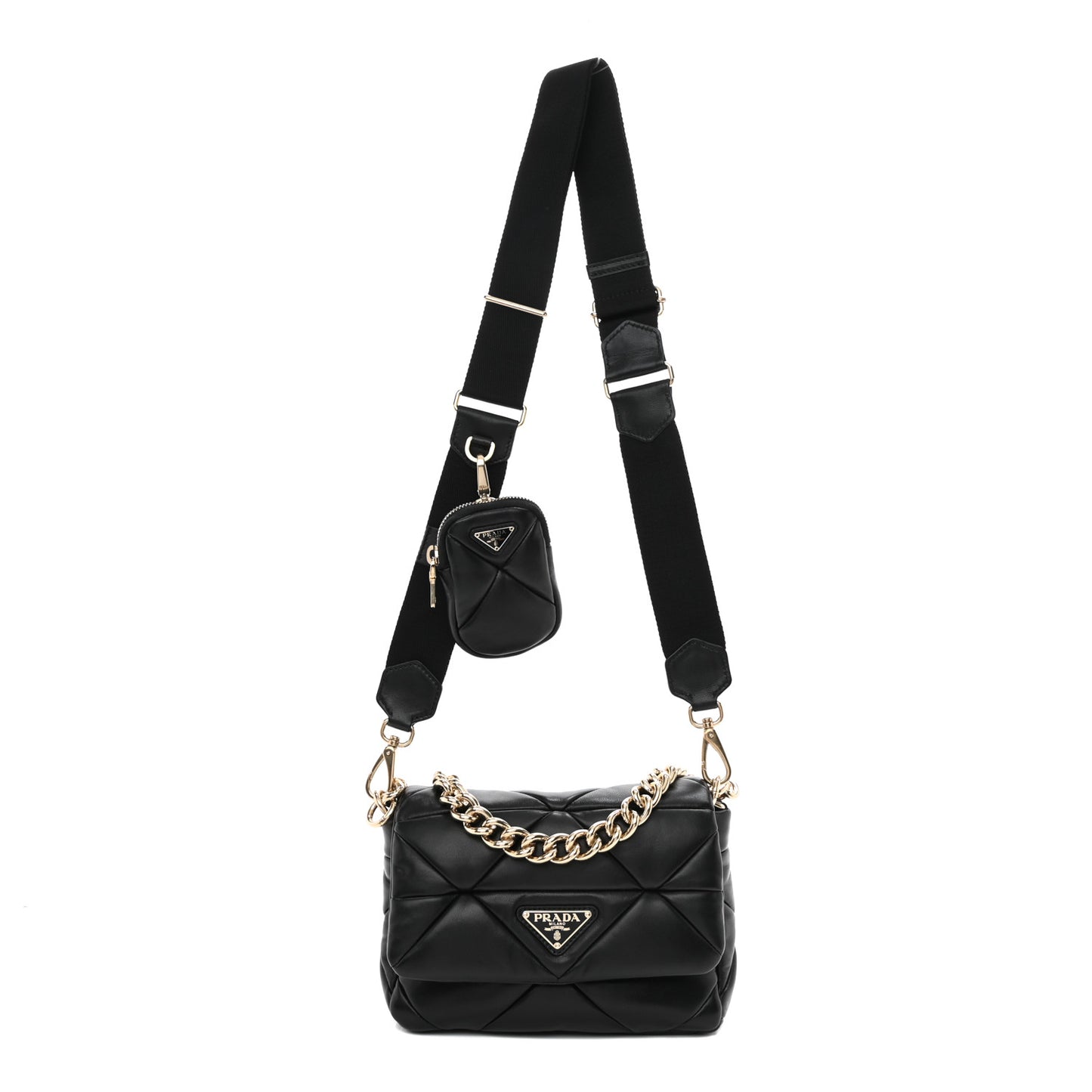 Nappa Re-Nylon Triangle Quilted Patchwork System Flap Shoulder Bag Black