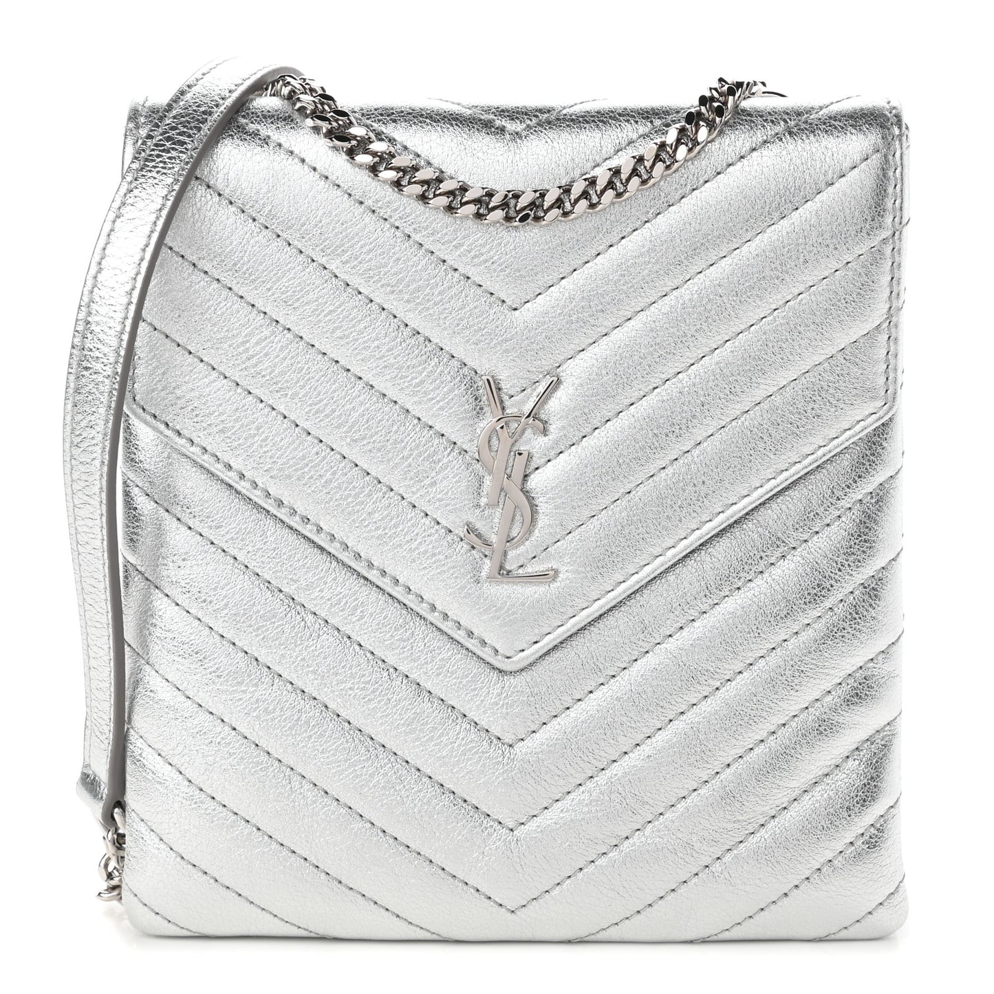 Metallic Lambskin Quilted Double Flap Bag Silver