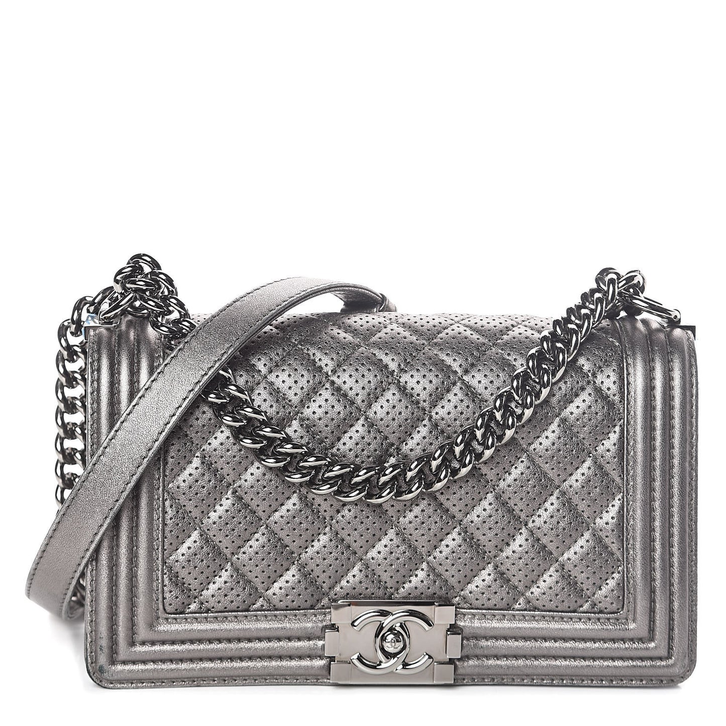 Metallic Lambskin Perforated Medium Boy Flap Dark Silver