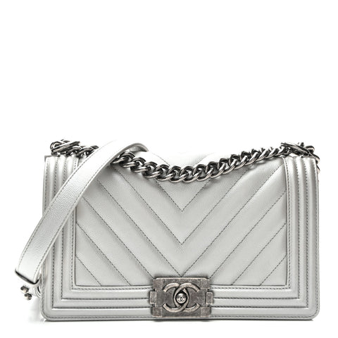 Metallic Caviar Chevron Quilted Medium Boy Flap Silver