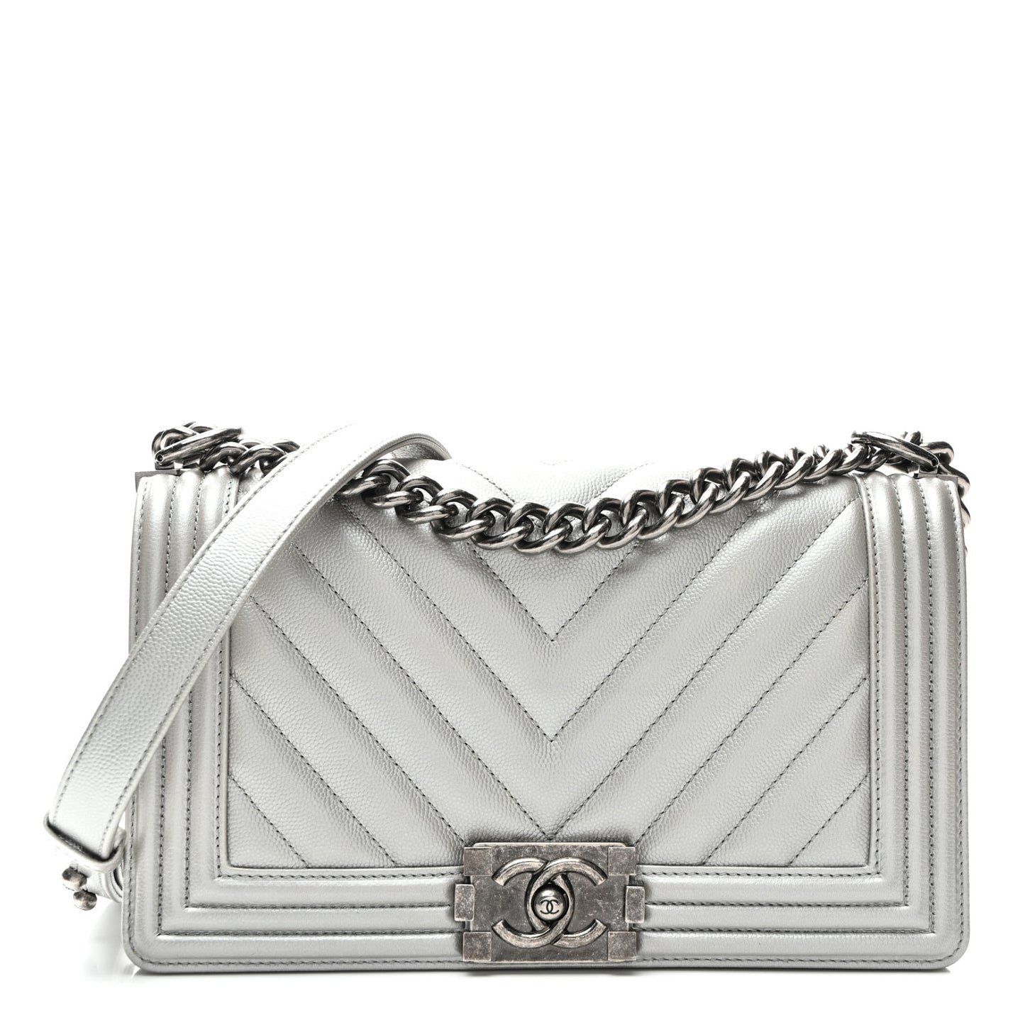 Metallic Caviar Chevron Quilted Medium Boy Flap Silver
