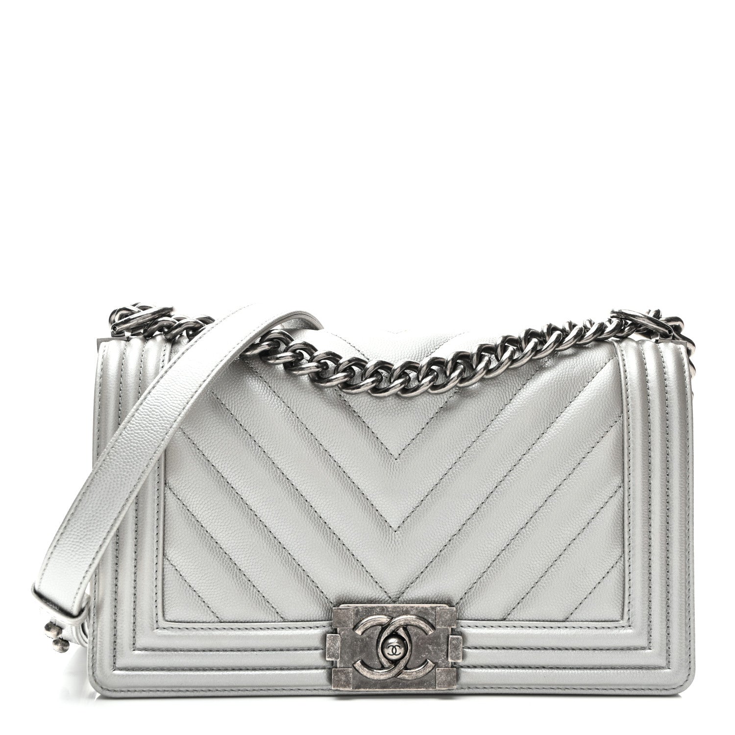 Chanel Metallic Caviar Chevron Quilted Medium Boy Flap Silver 1 of 10