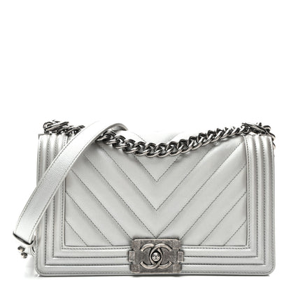 Chanel Metallic Caviar Chevron Quilted Medium Boy Flap Silver 1 of 10