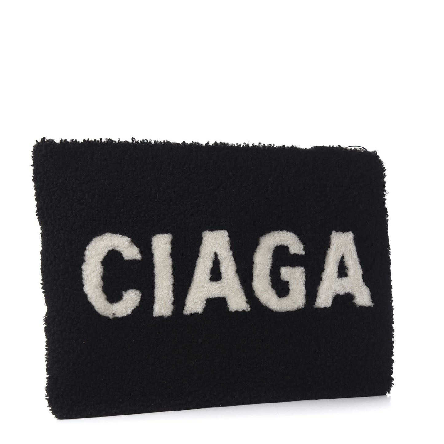 Sheepskin Shearling Contrasted Logo Large Zip Pouch Black