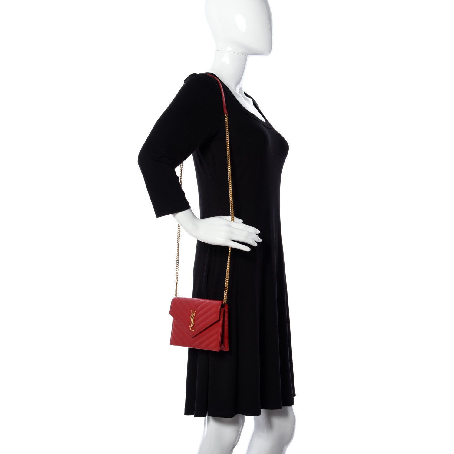 Saint Laurent Grain De Poudre Matelasse Chevron Monogram Envelope Chain Wallet New Red 2 of 10