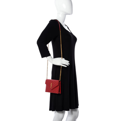 Saint Laurent Grain De Poudre Matelasse Chevron Monogram Envelope Chain Wallet New Red 2 of 10