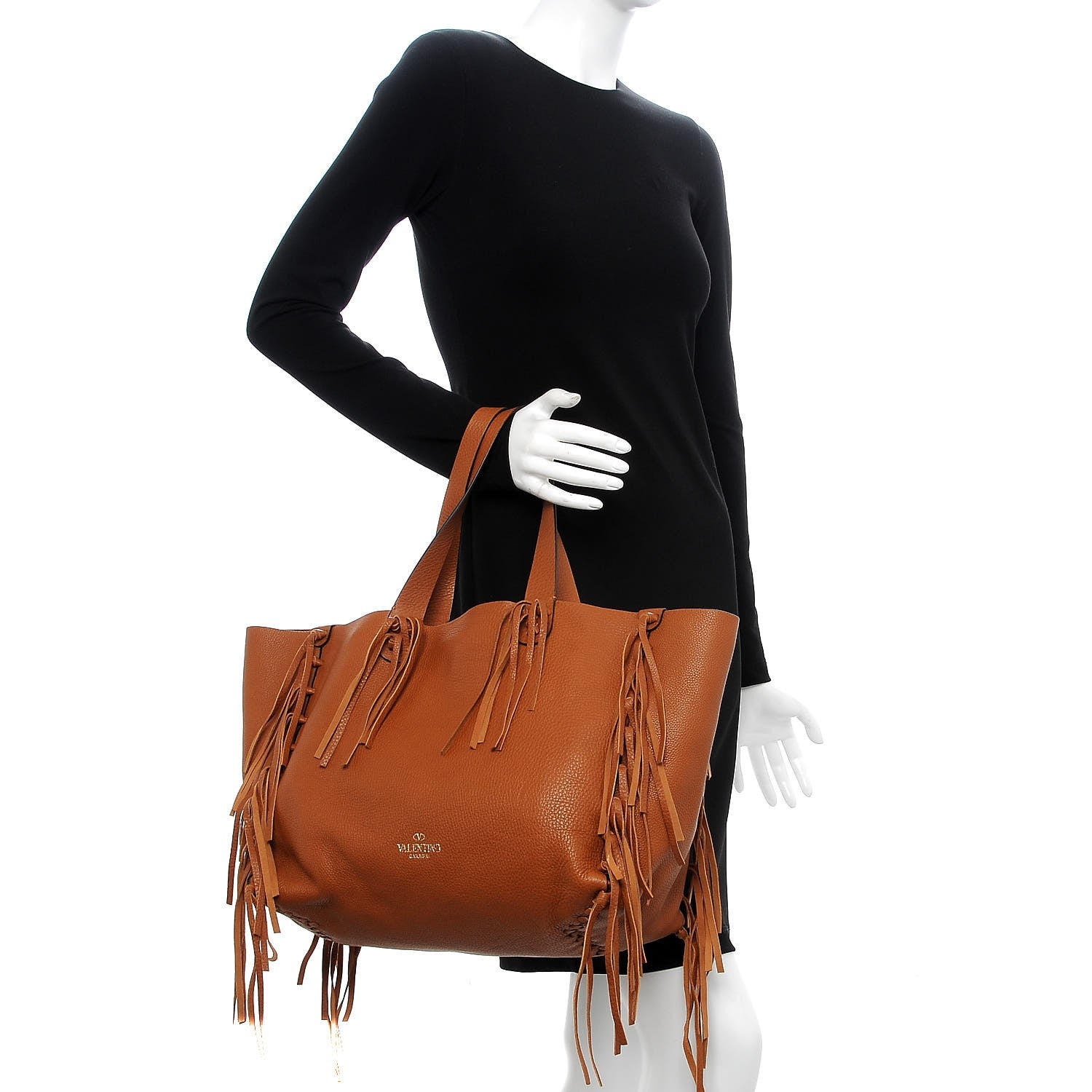 Valentino Garavani Grained Calfskin C-Rockee Fringe Tote Light Cuir 2 of 7