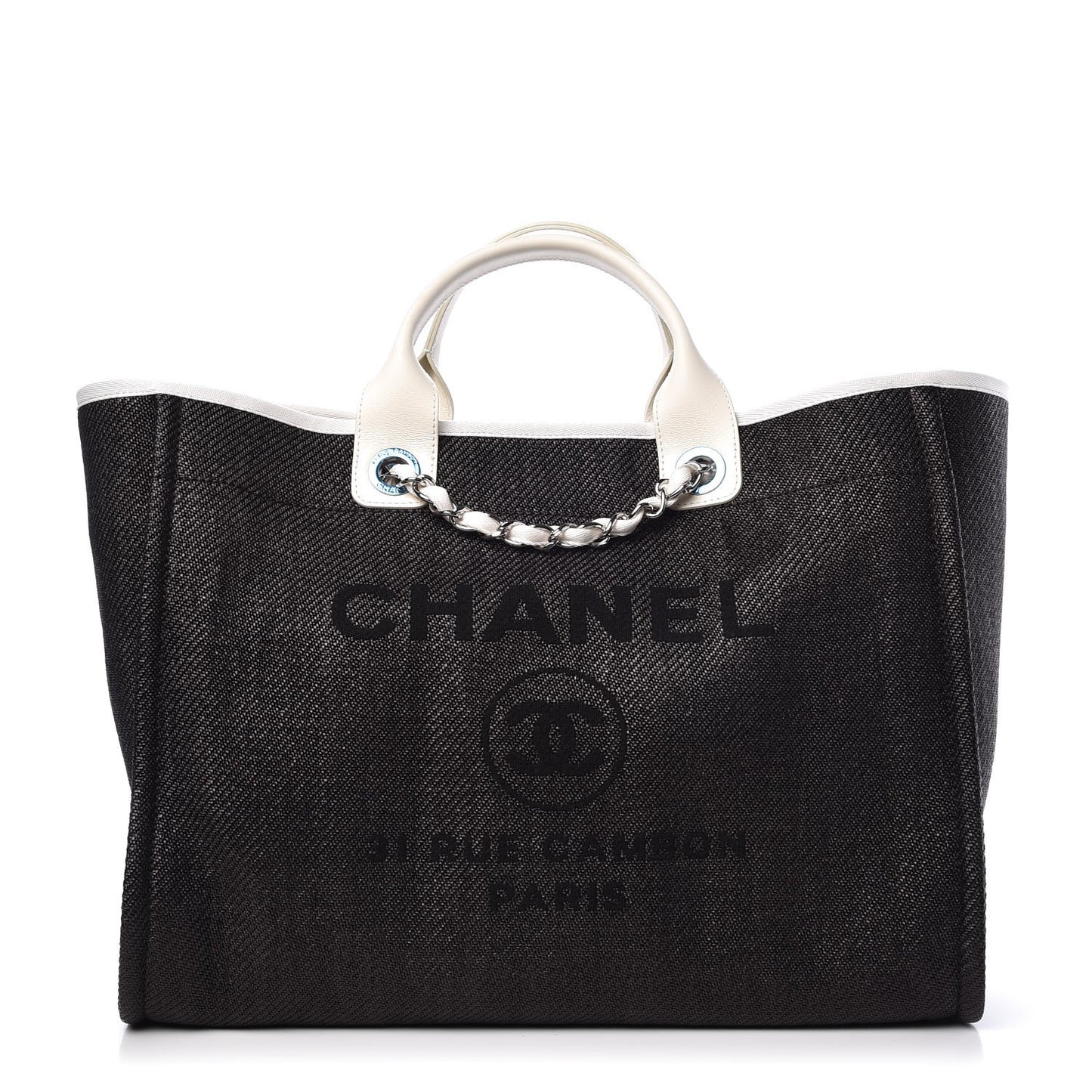 Woven Straw Raffia Large Deauville Tote Black White