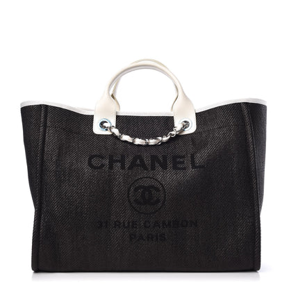 Chanel Woven Straw Raffia Large Deauville Tote Black White 1 of 8