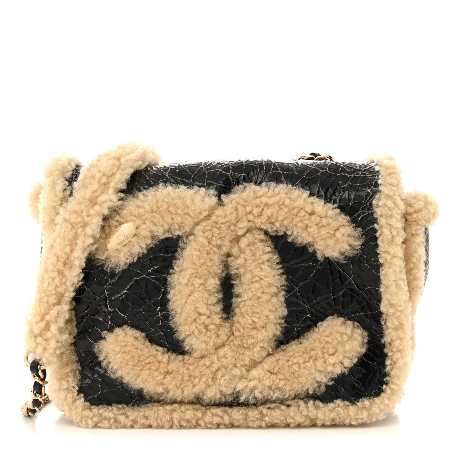 Chanel Shiny Crumpled Sheepskin Shearling CC Mania Flap Bag Black Beige 1 of 11