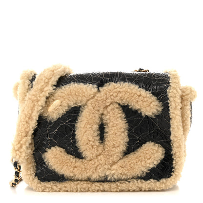 Chanel Shiny Crumpled Sheepskin Shearling CC Mania Flap Bag Black Beige 1 of 11