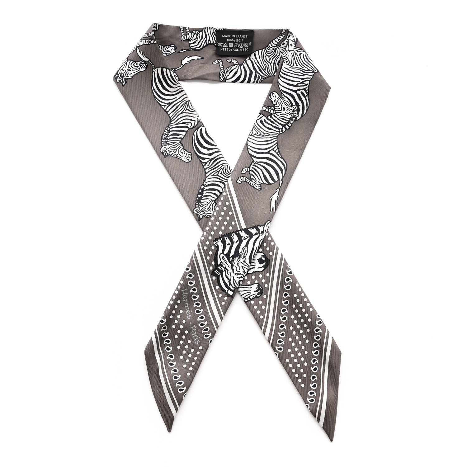 Hermes Silk Les Zebres Twilly Gris Taupe Black White 1 of 7