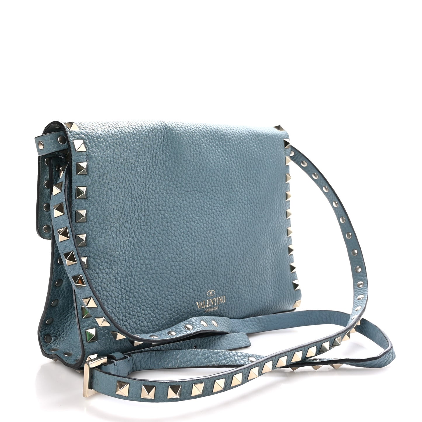 Pebbled Calfskin Medium Rockstud Flip Lock Crossbody Bag Celadon