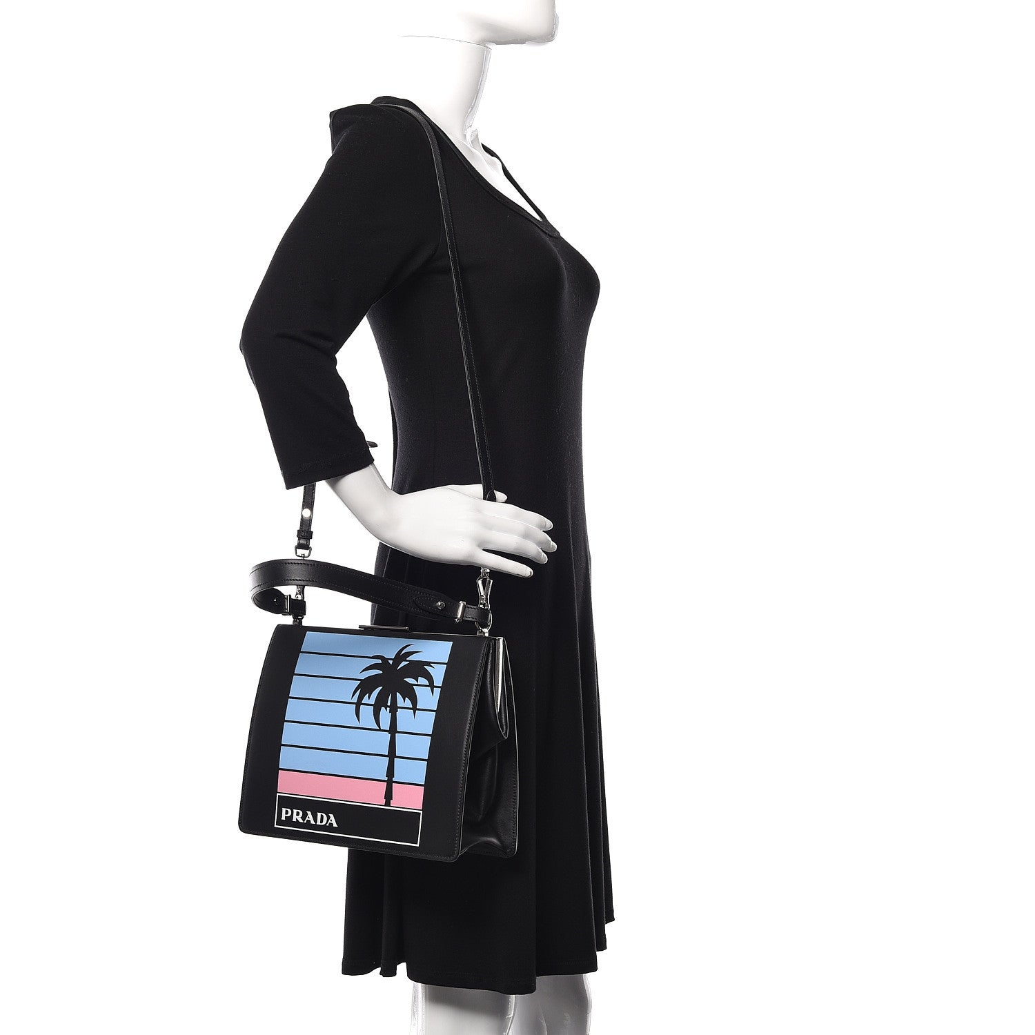 Prada City Calfskin Palm Tree Print Light Frame Bag Black Mare 2 of 11