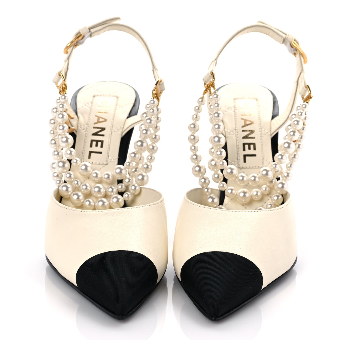 Lambskin Grosgrain Cap Toe Pearl Slingbacks Pumps 37.5 Ivory Black