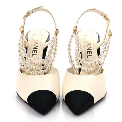 Chanel Lambskin Grosgrain Cap Toe Pearl Slingbacks Pumps 37.5 Ivory Black 2 of 10